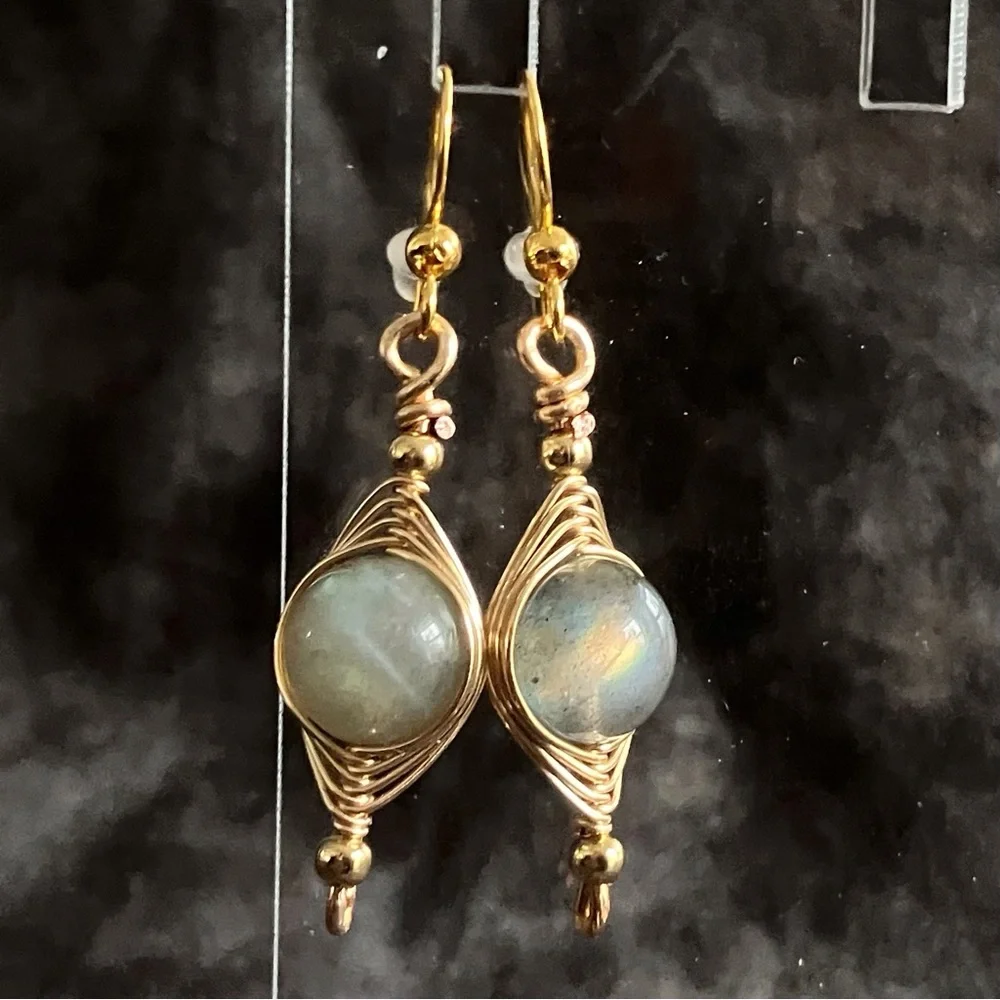 CLEAROUT π₯ Natural Labradorite Wire Wrapped Earrings - Gold Stainless Steel - Picture 6 of 9